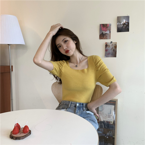 Real photo, real price, retro, thin square collar, open collar, short sleeve knitted shirt with collarbone