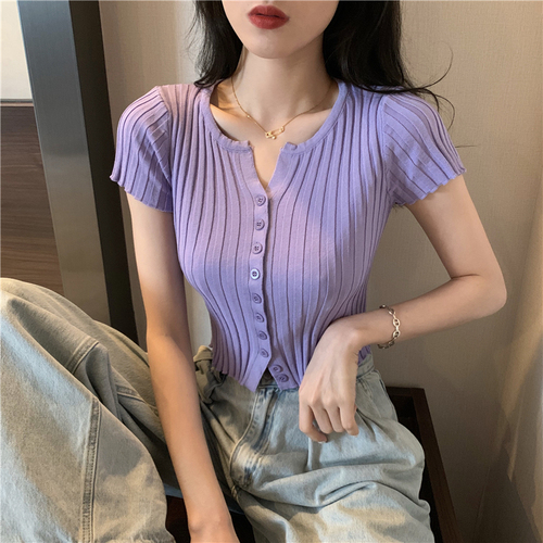 Real photo real price new summer V-neck high waist open navel short fit T-shirt Short Sleeve T-Shirt Top