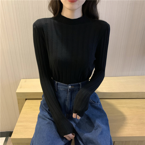 Real shot real price autumn and winter Korean version new slim fit half high collar pit stripe long sleeve T-shirt with underlay