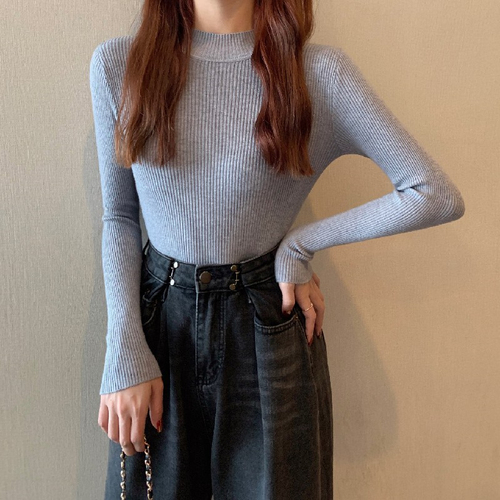 Real shot of autumn and winter retro half turtleneck bottoming shirt long-sleeved core-spun yarn slimming knitted top