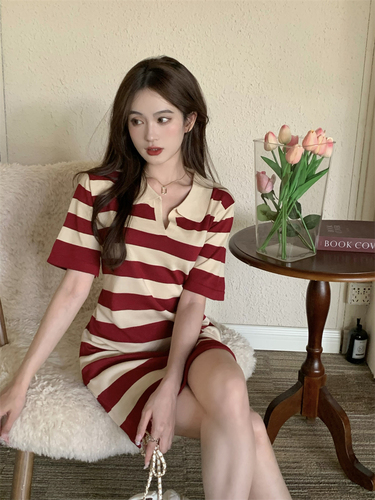 Real price summer French retro Korean loose Stripe Polo neck knitted dress