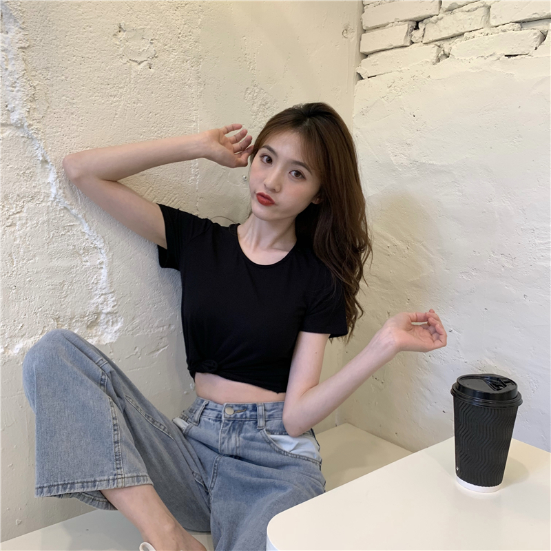Real photo real price retro round neck short slim shirt women's high waist short sleeve top