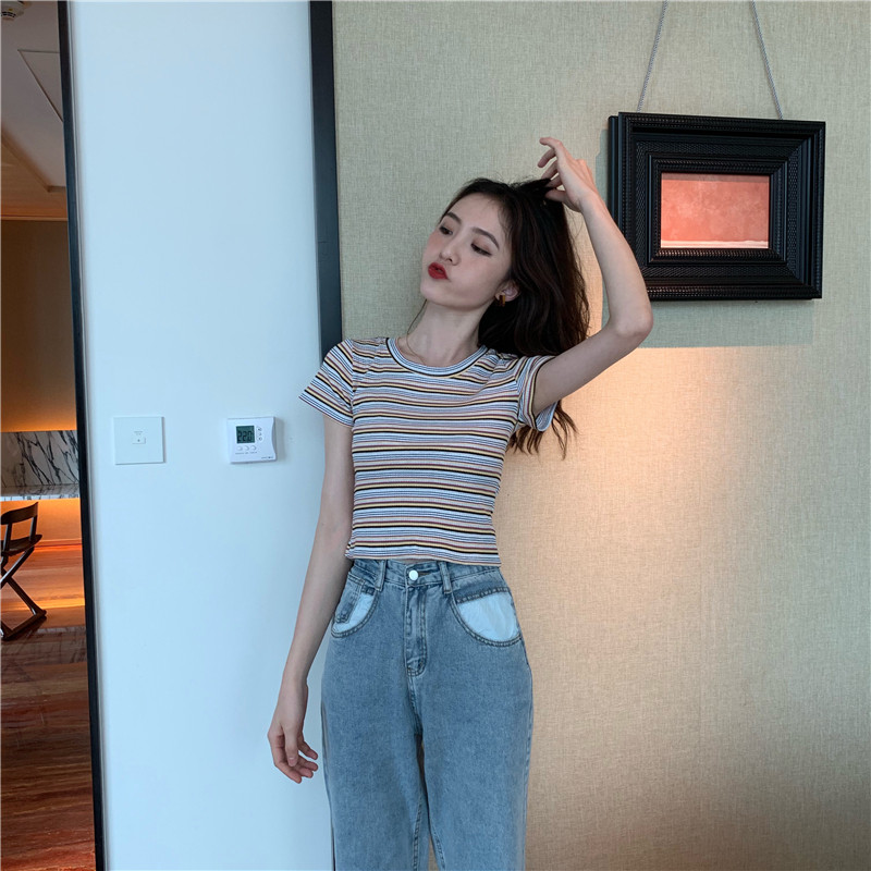 실사 정가 한국 스타일 chic 다용도 색상 스트라이프 몸매 가꾸기 쇼트 스타일 티셔츠