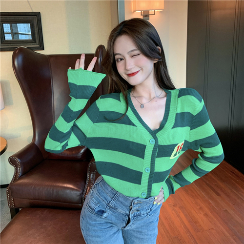 Actual shot of Korean style new slimming single-breasted color-blocked striped versatile thin knitted cardigan