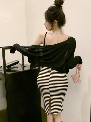 Real shot of summer large backless bust pad striped hip-hugging waist suspender dress for women