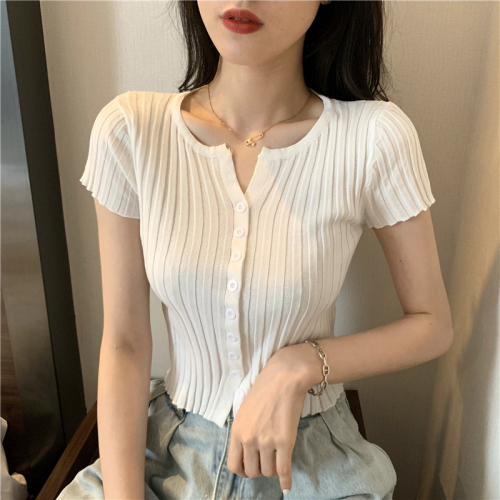 Real photo real price new summer V-neck high waist open navel short fit T-shirt Short Sleeve T-Shirt Top