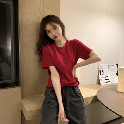 Real shot real price Korean suede knock beautiful color system round neck with foreign style self-contained bottom half sleeve shirt