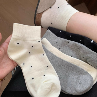 秋季袜子女款秋冬新款薄款短袜爆款夏天中筒棉袜白色波点可爱简约