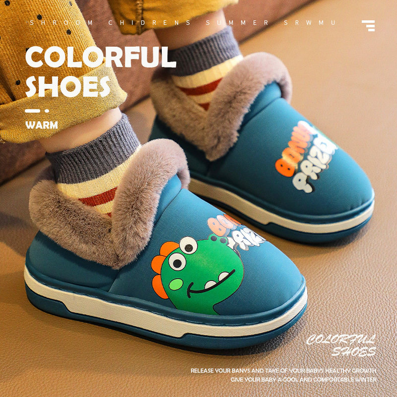 儿童棉拖鞋带后跟防水男童秋冬宝宝包跟保暖小孩毛毛恐龙防滑棉鞋