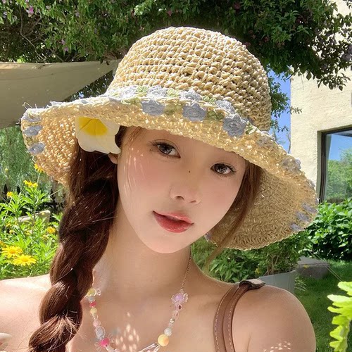 度假风草帽手工编织花朵渔夫帽女夏季海边大帽檐草帽可折叠防晒帽