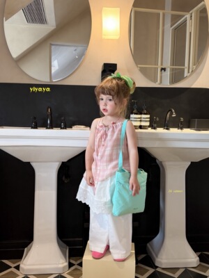 Yiyaya 26夏装新款女童格子吊带衬衫25501白色屁帘休闲裤3173