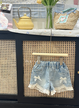 拾光鹿儿6952～女童牛仔短裤夏季25新款女宝宝蕾丝花边裤子沙滩裤