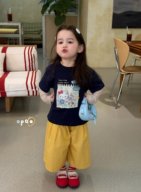 Opao～25春装新款女童卡通长袖T恤7077女宝宝宽松休闲八分裤7083