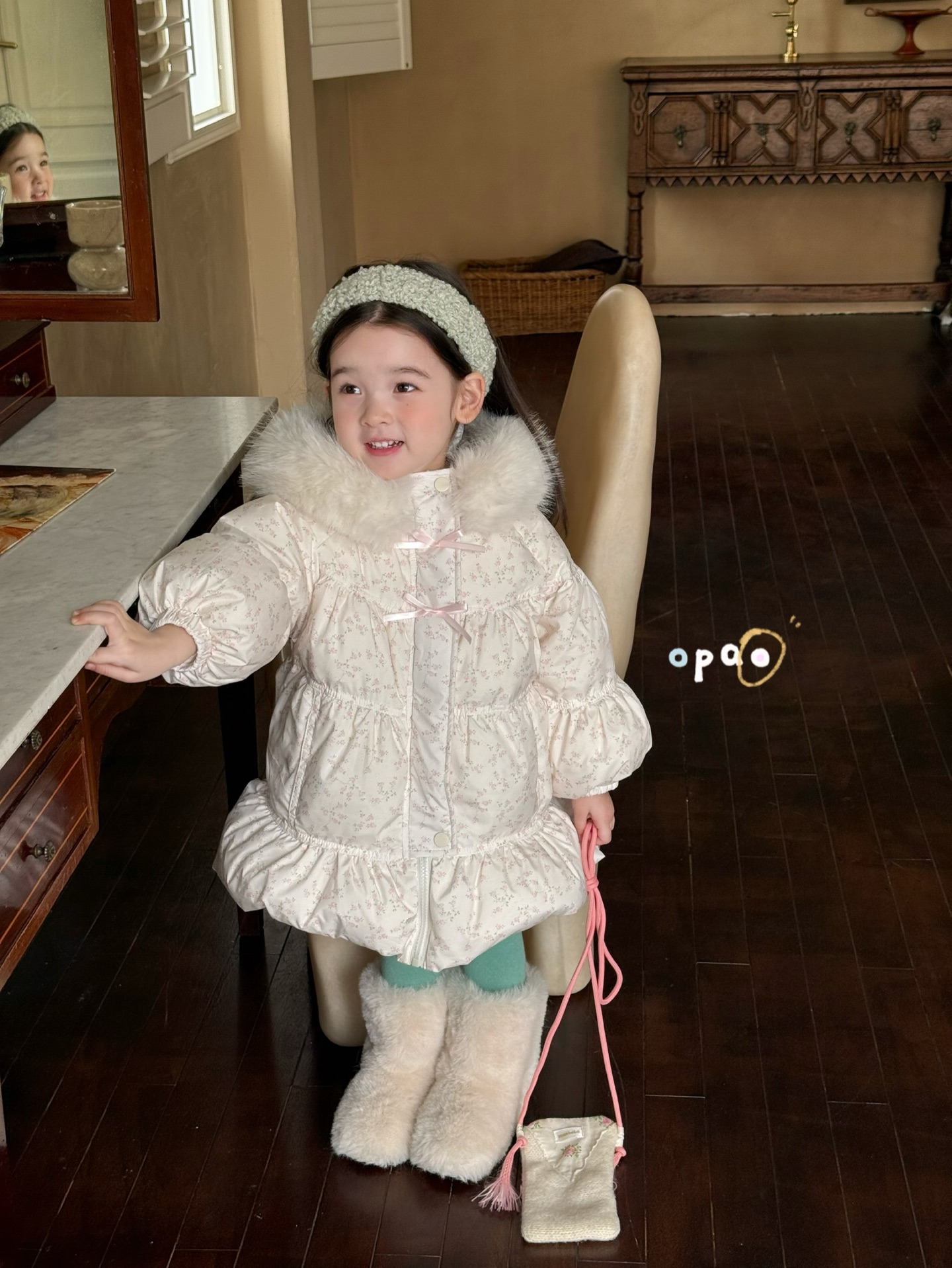 Opao 女童羽绒服洋气冬装中长款碎花白鸭绒加厚连帽外套甜美8006