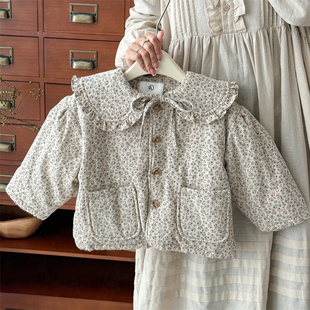女童森系风碎花棉衣洋气2024秋冬装新款女宝宝甜美纯棉服外套百搭