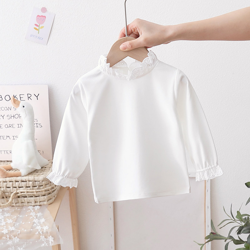 女宝宝蕾丝打底衫春秋装新款女童白色长袖T恤婴儿可爱上衣百搭1-5