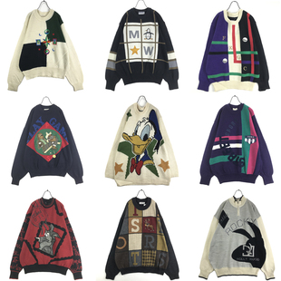 vintage古着孤品秋冬复古重工刺绣卡通童趣学院风波普套头毛衣Y65