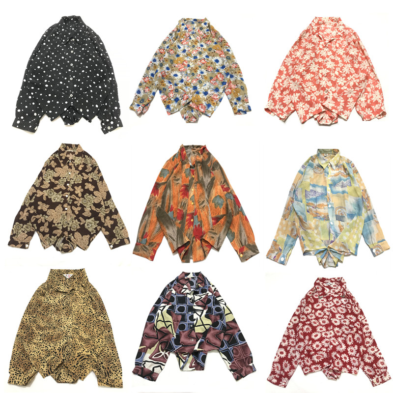vintage古着夏季复古夏威夷雪纺碎花小清新宽松百搭长袖衬衫女G33