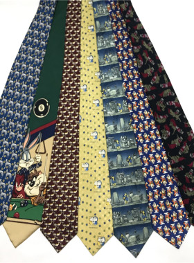 中古领带vintage古着复古卡通童趣花纹刺绣印花油画真丝配饰G36