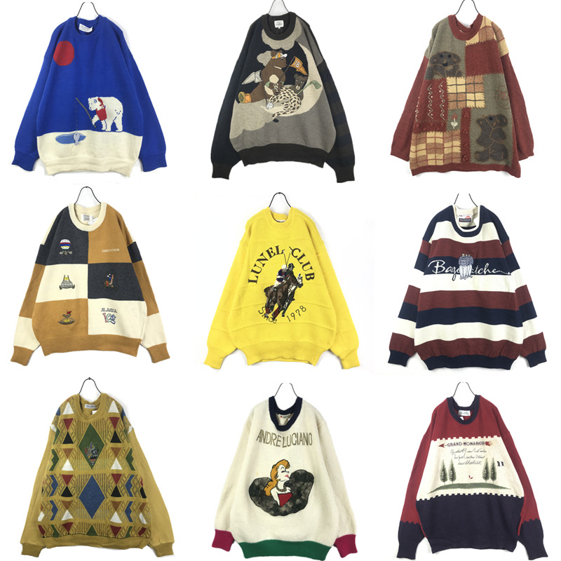 vintage古着孤品日系重工立体刺绣童趣卡通宽松套头男女毛衣Y37