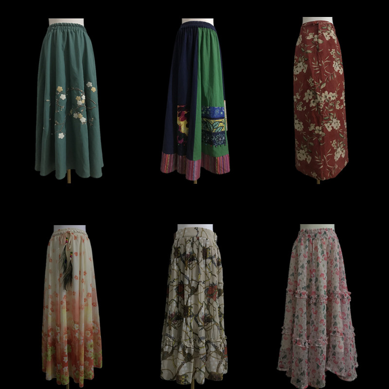 vintage古着孤品森系复古碎花印花a字百褶中长款百搭女半身裙XB11