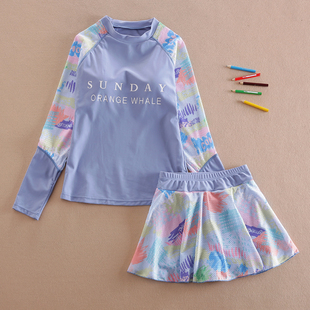 学生泳装 平角裤 13女孩游泳衣15岁 防晒泳衣儿童分体裙式 女大童长袖