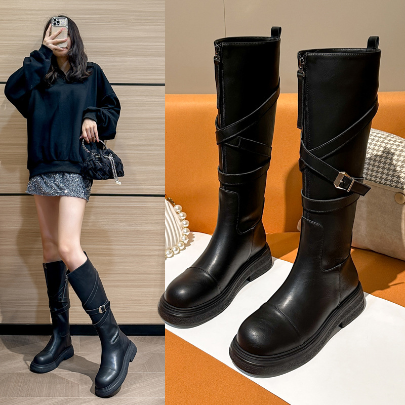 35-43大码粗腿大筒围皮带扣骑士靴女厚底长筒靴胖mm长靴高筒靴42