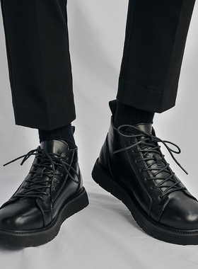 秋季真皮黑色高帮马丁靴男帅气英伦机车ins皮鞋港风中帮工装潮鞋