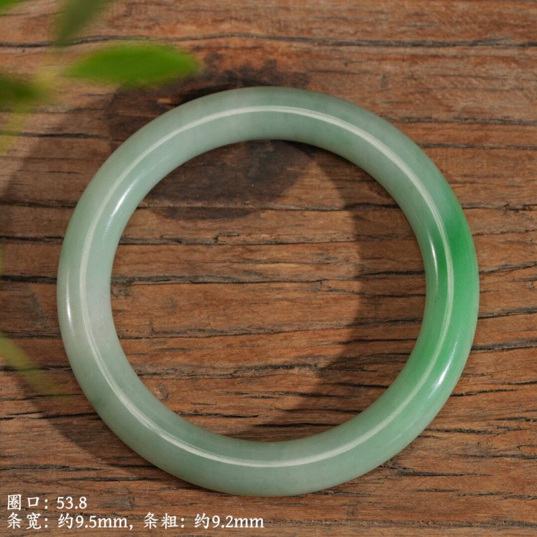 094788-0 全品缅甸A货细糯飘阳绿老坑种圆条翡翠手镯圈口53.8