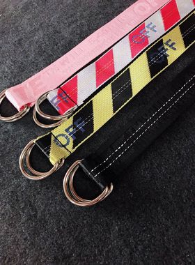 OFF WHITE ow高街百搭新双环扣金属黄色工业织带黑色腰带男女皮带