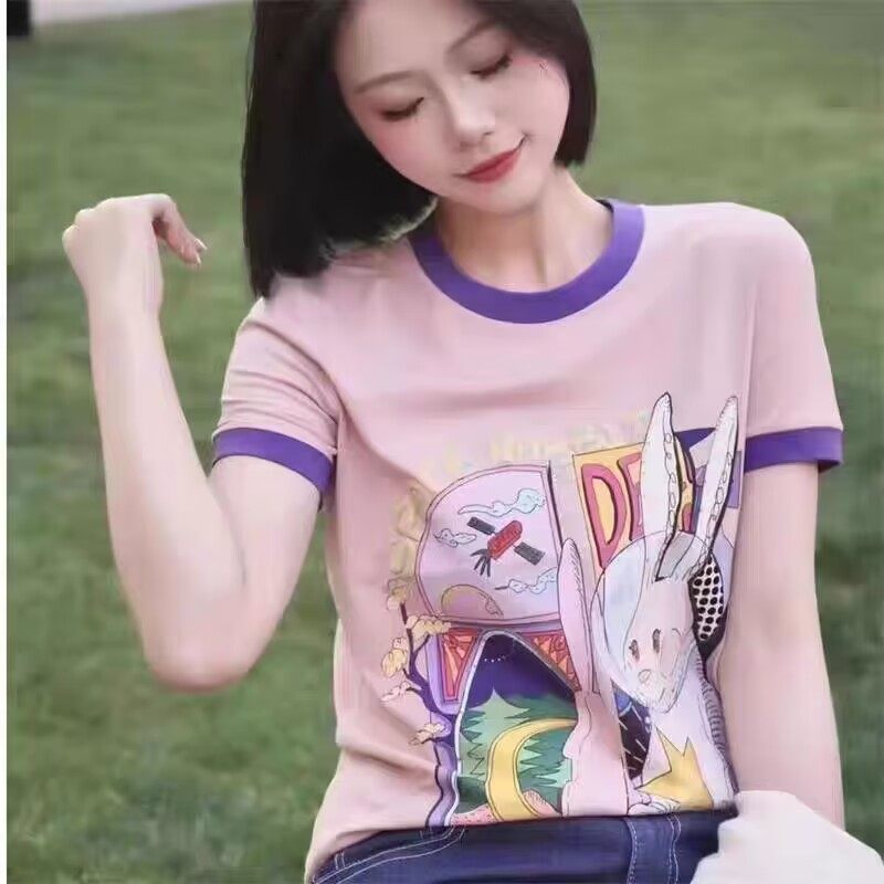 商场同款女士半袖体恤休闲卡通兔子印花烫钻莫代尔短袖t恤1300124