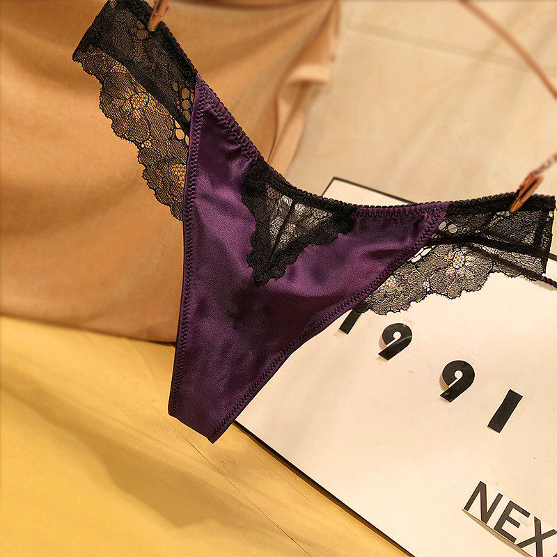丁字裤女性感火辣无痕透明透视轻奢缎面蕾丝三角裤低腰速干