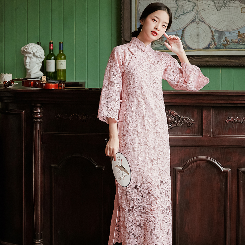 复古风传统倒大袖宽松蕾丝旗袍