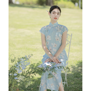 全开襟短袖 复古文艺少女年轻长款 棉麻印花旗袍 迟年夏季 蝶飞
