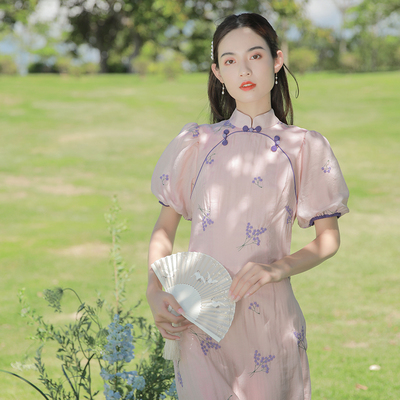 粉妆复古风纯棉绣花灯笼袖旗袍