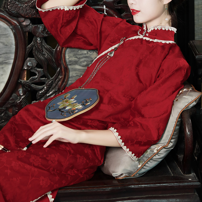 红妆-迟年春季棉麻提花平裁倒大袖斜襟民国风复古传统无省旗袍