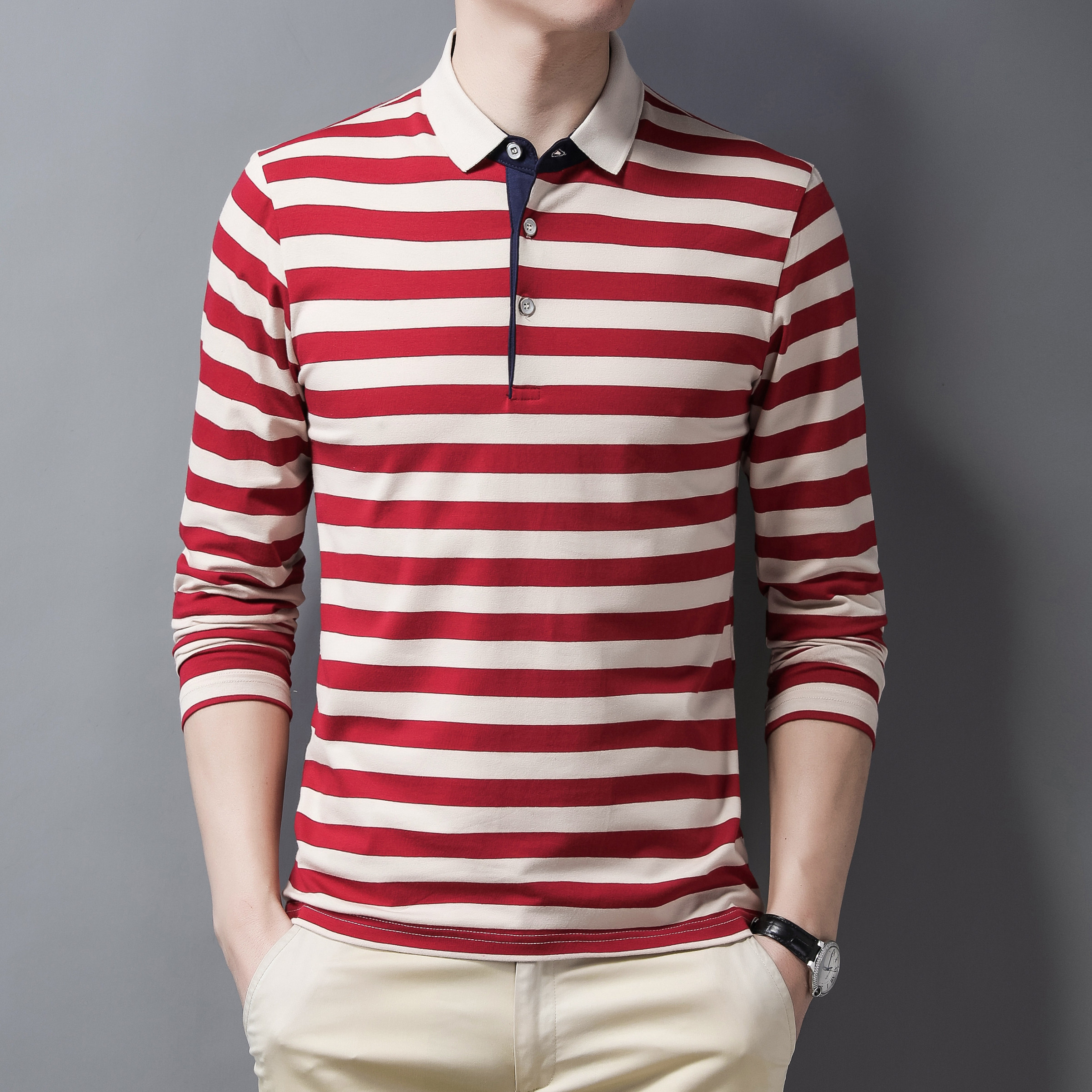 秋季条纹POLO衫男翻领修身内搭潮流时尚休闲百搭上衣服PL8858-P40