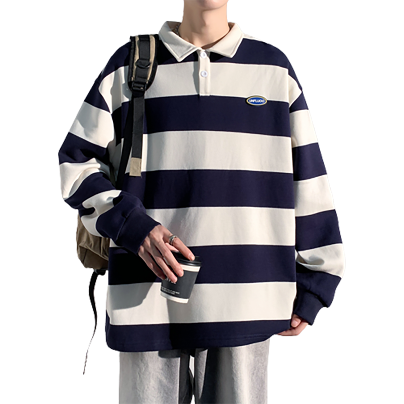 日系条纹翻领长袖卫衣男棉春季休闲宽松潮流polo衫上衣W2381-P52,男装卫衣,星座610（原A335）