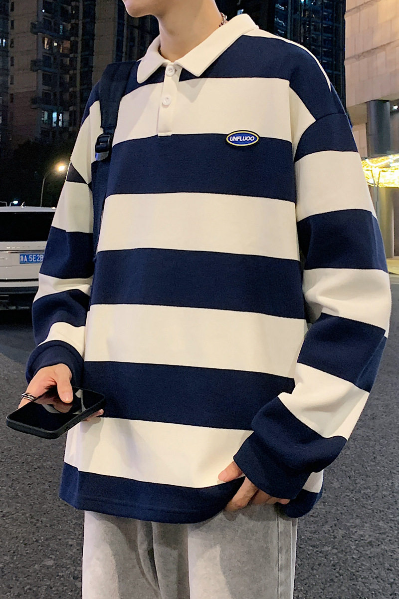 日系条纹翻领长袖卫衣男生棉春季休闲宽松polo衫上衣服W2381-P52,男装卫衣,星座610（原A335）