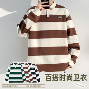 日系条纹翻领长袖卫衣男棉春季休闲宽松潮流polo衫上衣W2381-P52图片