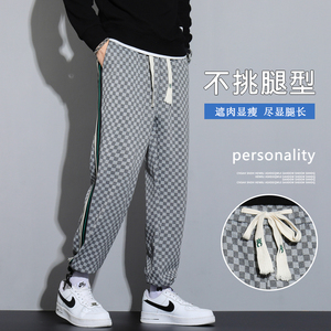 抖音品质休闲裤男士秋季直筒痞帅运动潮牌格子卫裤W