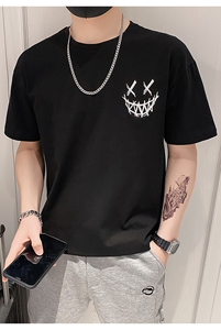 高品质爆款小恶魔联名纯棉五分落肩袖T恤男宽松大码T012-P40图片