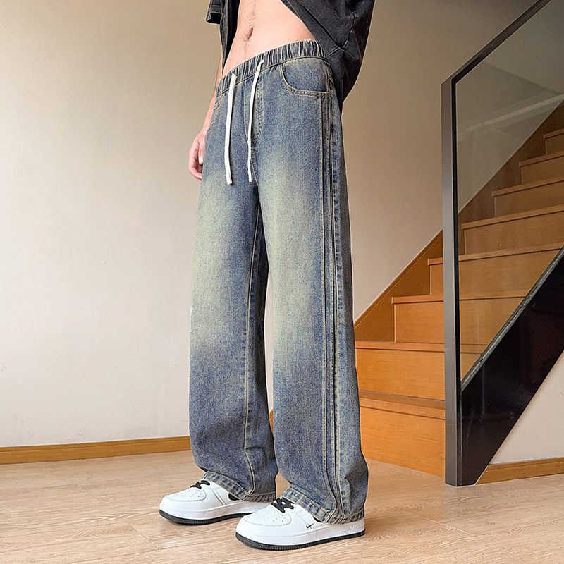 美式复古磨白拼接条纹休闲直筒阔腿抽绳水洗牛仔长裤子K8103-P45，男装休闲裤，星座610（原A335）
