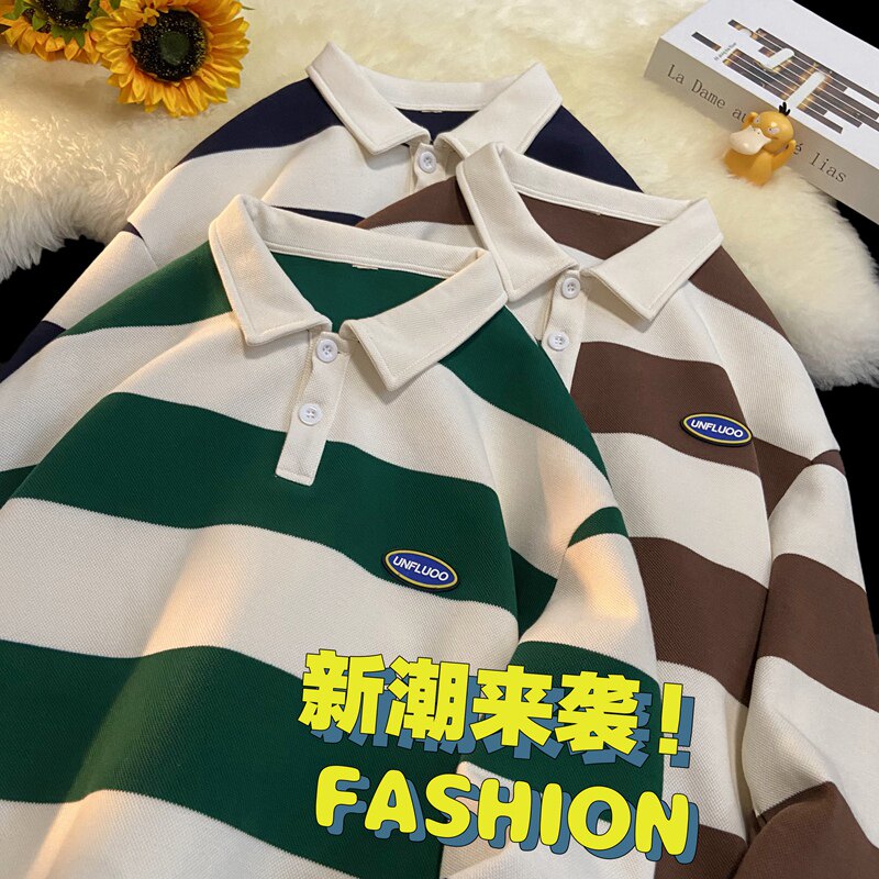 横条纹Polo领卫衣男美式潮牌休闲宽松绣花水洗重磅上衣W2381-P52,男装Polo衫,星座610（原A335）