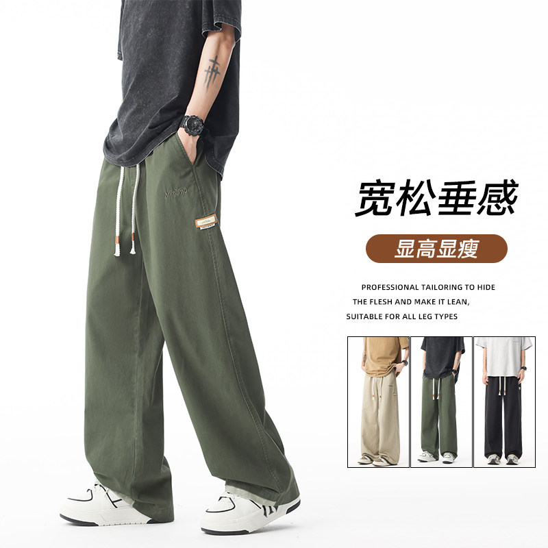 拼接刺绣休闲裤子男美式复古日系慵懒纯棉直筒阔腿裤K2712-P50图片