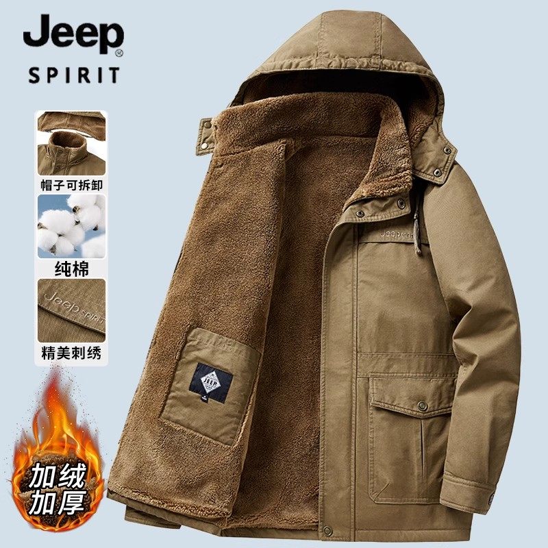 吉普正品牌2025新款冬季加绒加厚夹克棉衣男士中年人战地休闲外套