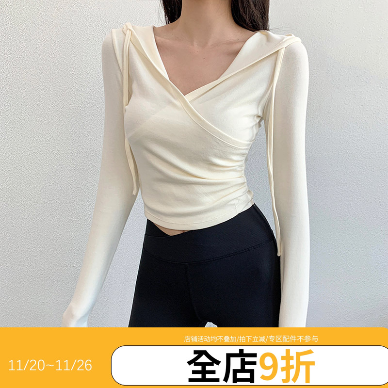 annerun速干运动T恤女连帽显瘦外穿健身服跑步交叉领休闲瑜伽长袖