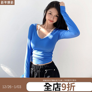 annerun紧身瑜伽T恤女上衣女带胸垫假两件跑步运动长袖 缩褶健身服