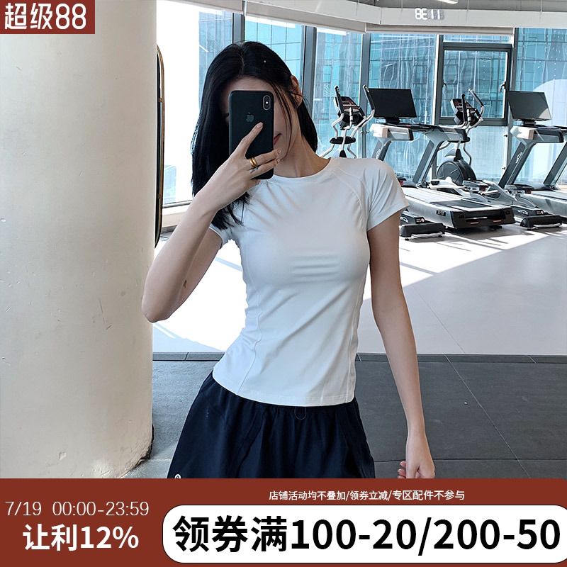 annerun运动上衣女跑步T恤显瘦健身服紧身圆领训练瑜伽短袖速干衣