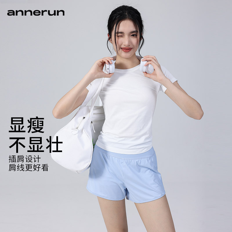 annerun运动上衣女透气紧身显瘦健身服跑步训练普拉提t恤瑜伽短袖